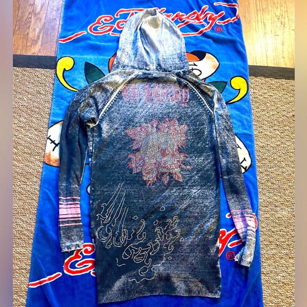 Ed Hardy Christian Audigier hooded pullover burnout acidwash hoodie sweater Y2k - Picture 3 of 8
